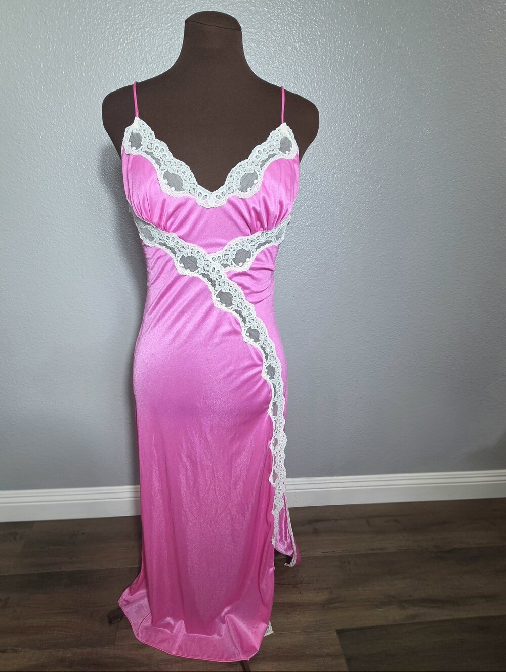 Vintage 80s JCPenney Hot Pink Asymmetric Lace Satin Slip Dress Nightgown M